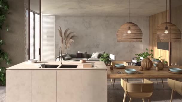 HD video Boho scandinavo interior design soggiorno con cucina, isola e tavolo da pranzo. Illustrazione di rendering 3d stile Japandi. Scena di animazione. — Video Stock