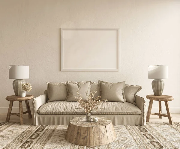 Boho sScandinavian interior design sala de estar. Mock up bege parede vazia com móveis de madeira. 3d renderizar ilustração cor bege quente. — Fotografia de Stock