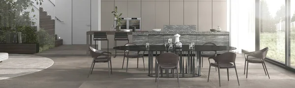 Minimalizm iç tasarım mutfak ve yemek odası. Çağdaş ada, sandalyeler, taş zemin, ahşap tavan. 3d resimlendirme afiş ağı. — Stok fotoğraf