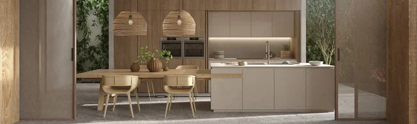 Modern interior boho scandinavian design kitchen and dining room. Banner web. 3d render illustration with wood furniture, green wall plants.