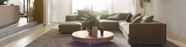 Modern pencahayaan beige desain interior Skandinavia. Situs Banner. 3d gambar render boho ruang tamu dengan cahaya matahari dan sofa. — Stok Foto