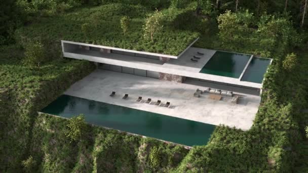 HD-відео сучасний дизайн архітектури мінімалізму. Будинок з терасою та басейном. Природний ландшафт і ліс. 3D візуалізація ілюстрації екстер'єру . — стокове відео