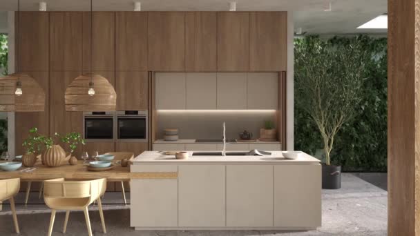 Vidéo HD Boho scandinave design intérieur salle de cuisine avec îlot, table à manger et des plantes murales vertes. Illustration de rendu 3D. Scène d'animation. — Video