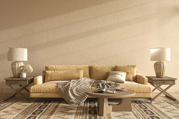 Scandi Boho iluminação design de interiores com raios de sol. Casa simular parede vazia em bege com fundo amarelo sala de estar. 3d renderizar ilustração. — Fotografia de Stock