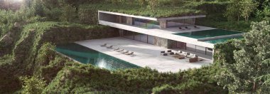 Teraslı modern cephe evi, yeşil doğa manzaralı havuz. Minimum mimari tasarım. 3d resimleme dış görünümü.