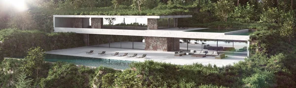 Maison de façade moderne avec terrasse, piscine sur fond de forêt verdoyante. Design d'architecture minimaliste. Illustration de rendu 3D extérieur. — Photo