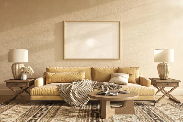 Boho scandi design de interiores sala de estar. Moldura de imagem maquete na parede vazia. 3d renderizar ilustração Japandi estilo cor bege quente. — Fotografia de Stock
