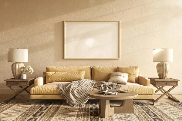 Boho scandi iç tasarım odası. Boş duvardaki resim çerçevesi. 3D resimleme: Japon tarzı sıcak bej rengi.