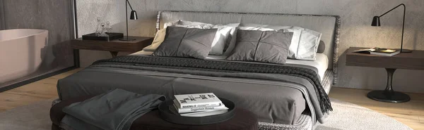 Современный дизайн интерьера спальни. Веб баннер. Современная кровать с тумбочками и прикроватной скамейкой. 3D рендеринг фона. 3d иллюстрация. — стоковое фото