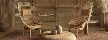 İskandinav tarzında iç mekan. Arka planda doğal ahşap mobilyalar olan oturma odası tasarımı. 3d resimleme.