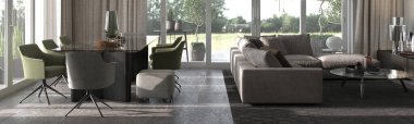 Minimalizm modern iç tasarım. Stüdyo yaşam, mutfak ve yemek odası. 3 boyutlu görüntüleme. 3d illüstrasyon.