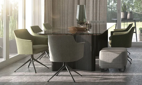Мінімалізм сучасний дизайн інтер'єру. Студійна їдальня з розкішним столом і зеленими стільцями. 3D візуалізація. 3d ілюстрація . — стокове фото