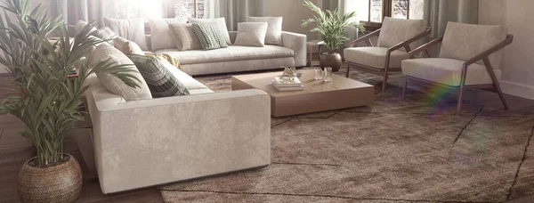 Modern japandi tasarım oturma odası. Geniş pencereli ve manzaralı aydınlık ve güneşli bir daire. Hampton biçimi 3D görüntüleme.