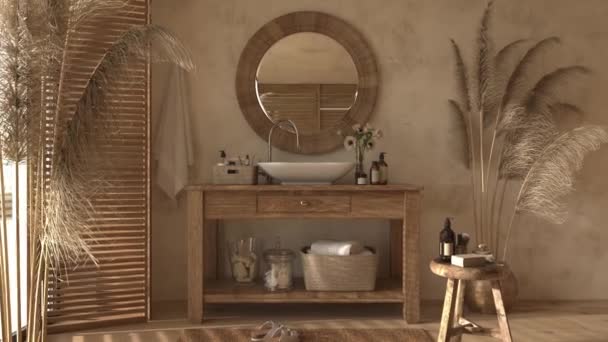 Boho Skandinávský Styl Domácím Interiéru Pozadí Béžová Koupelna Přírodním Dřevěným — Stock video