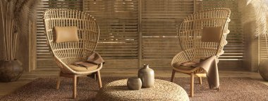 İskandinav tarzında iç mekan. Arka planda doğal ahşap mobilyalar olan oturma odası tasarımı. 3d resimleme.