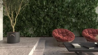 Asgari modern İskandinav tasarım oturma odası ve kapalı teras. Yeşil duvar ve bitkiler. 3D resimleme 4K video canlandırma sahnesi.