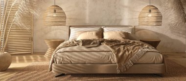 Çiftliğin içinde Boho İskandinav tarzı. Doğal ahşap mobilyaları, kepenkleri ve kuru bitkileri olan bej bir yatak odası. 3d resimleme.