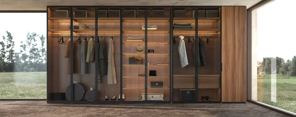 Lüks modern iç tasarım. Büyük ahşap gardırop, korkuluklarda asılı giysiler, dolapta yürüme ve raf aydınlatma. 3d resimleme.