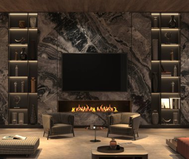 Gece ışıklandırması ve mermer televizyon duvarı olan şık ve lüks bir oturma odası. 3D resimleme şömineli parlak renk daire tasarımı.