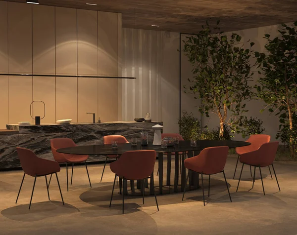 奢华的开放式厨房和餐厅 夜间照明 绿色植物 石板地面 木制天花板 3D渲染说明内部 — 图库照片