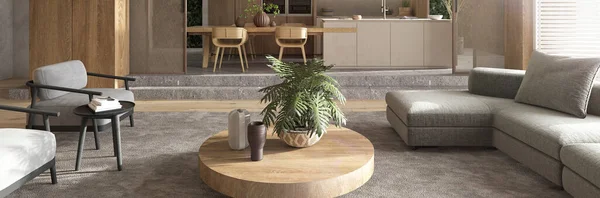 Minimalism modern interior scandinavian design studio living, kitchen and dining room. Large modular sofa and green plants. 3d render illustration.