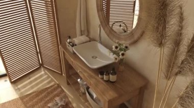 Evin arka planında Boho İskandinav tarzı. Doğal ahşap mobilyalı bej bir banyo. 3D resimleme 4K video canlandırma sahnesi.