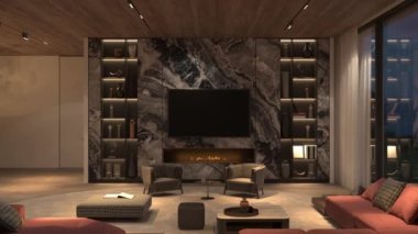 4K 3D resimleme videosu. Modern lüks iç tasarım oturma odası şömineli, gece aydınlatmalı ve ahşap tavanlı. Kitabı ve televizyonu taklit et..