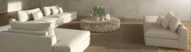 Modern iç tasarım açık alan oturma odası. Stucco duvar arka planı. Ev 3D tasviri. Web pankartı.