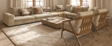 Modern japandi stili oturma odası tasarımı. Aydınlık ve güneşli bir daire. 3D tasvir. Web pankartı.