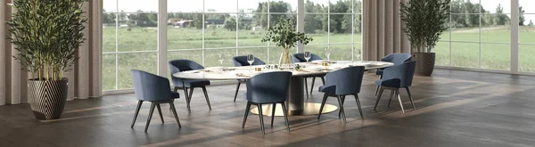 Luxe Eetkamer Met Zonlicht Natuur Uitzicht Achtergrond Tafel Met Service — Stockfoto