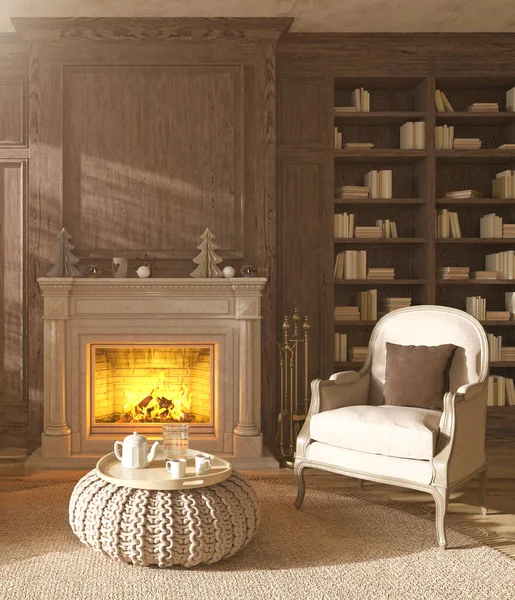 Modern interior scandinavian farmhouse style. 3d rendering illustration living room with book library and fireplace.