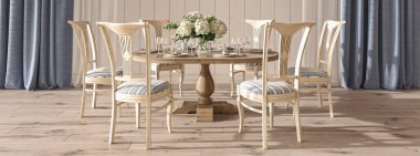 Sahil tasarım odasının içinde yemek masası var. Evin arka planı çok güzel. Hampton tarzı 3D tasvir. Web pankartı.