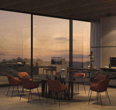 Zarif mutfak ve yemek odası. Parlak gece gökyüzü, taş zemin, ahşap tavan. 3D resimleme iç daire.