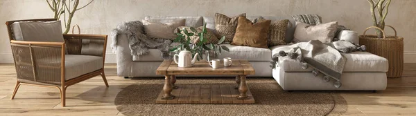 Scandinavian Farmhouse Style Beige Living Room Interior Natural Wooden Furniture — Stock Photo, Image