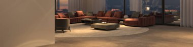 Panoramik pencereleri ve gece gökyüzü olan modern lüks bir yer. Bej duvar yap. Minimum tasarım oturma odası 3D çizim çizimi. Web pankartı.