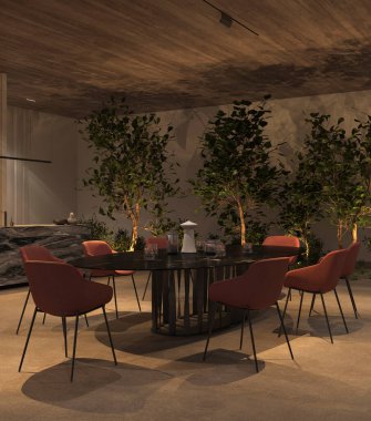 Lüks mutfak ve yemek odası, gece aydınlatması, yeşil bitkiler, taş zemin, ahşap tavan. 3D resimleme iç daire.