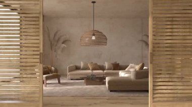 Modern interior japandi style design livingroom. Scandinavian apartment with wooden furniture. High quality footage 4K. 3d render illustration video.
