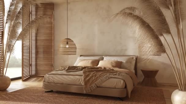 Boho Scandinavian Style Farmhouse Interior Beige Bedroom Natural Wooden Furniture — стоковое видео