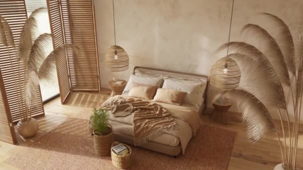 Boho Scandinavian Style Farmhouse Interior Beige Bedroom Natural Wooden Furniture — ストック動画