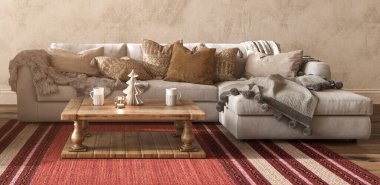 Modern interior scandinavian style. 3d rendering illustration farmhouse living room with christmas decor. Beige pastel color.