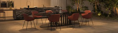 Luxury kitchen and dining room with night lighting, green plants - trees. 3d rendering illustration interior apartment. Web banner.