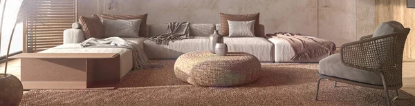 Scandinavian style. Boho living room design. Brown interior with natural wooden furniture. 3d render illustration. Web banner.