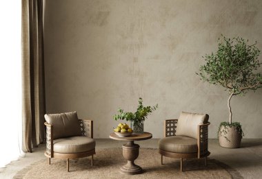 Living room filled with furniture and vase of plants on table. High quality illustration 3d render farmhouse style. Mock up plaster wall background. 