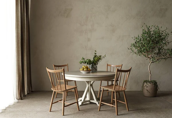 Dining room table. High quality illustration 3d rendering. Mockup empty wall. Country interior design with scandinavian plants.