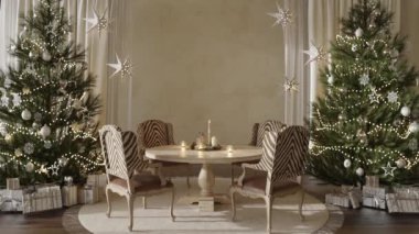 Christmas tree with toys and gifts decorated modern interior dining room. Vintage retro style. High quality footage 4K 3d render illustration video.