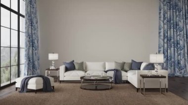 Hampton style interior design living room. Mock up white wall in home interior background. High quality footage 4K 3d rendering illustration video.