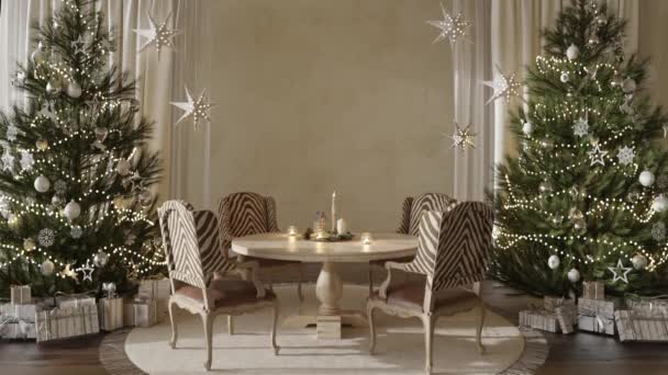 Christmas Tree Toys Gifts Decorated Modern Interior Dining Room Vintage — Stock video