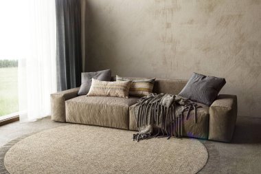 A hotel room with a sofa. High quality illustration 3d rendering scandinavian vintage living room. Empty mock up wall.