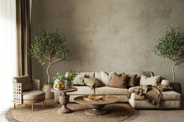 A living room filled with furniture and vase of plants on a table. High quality illustration 3d render scandinavian boho style.