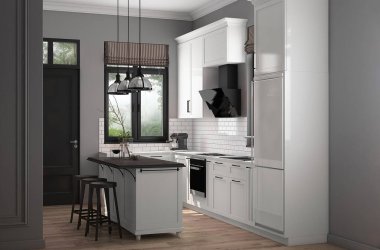 Dining room design with view white classic kitchen and island with chairs. High quality 3d render illustration light apartment.